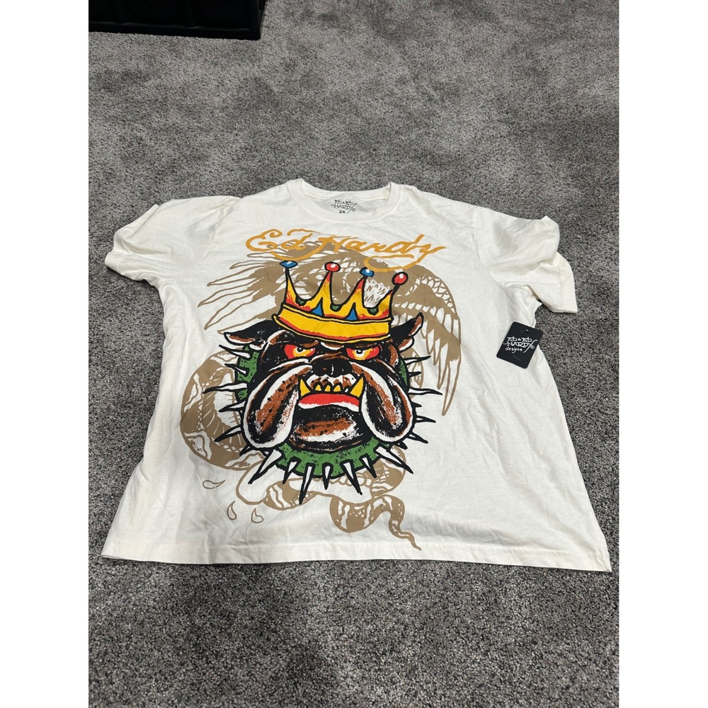 Ed Hardy Bulldog Crown Graphic T-Shirt Cream Mens 2X New Don Ed Hardy Designs